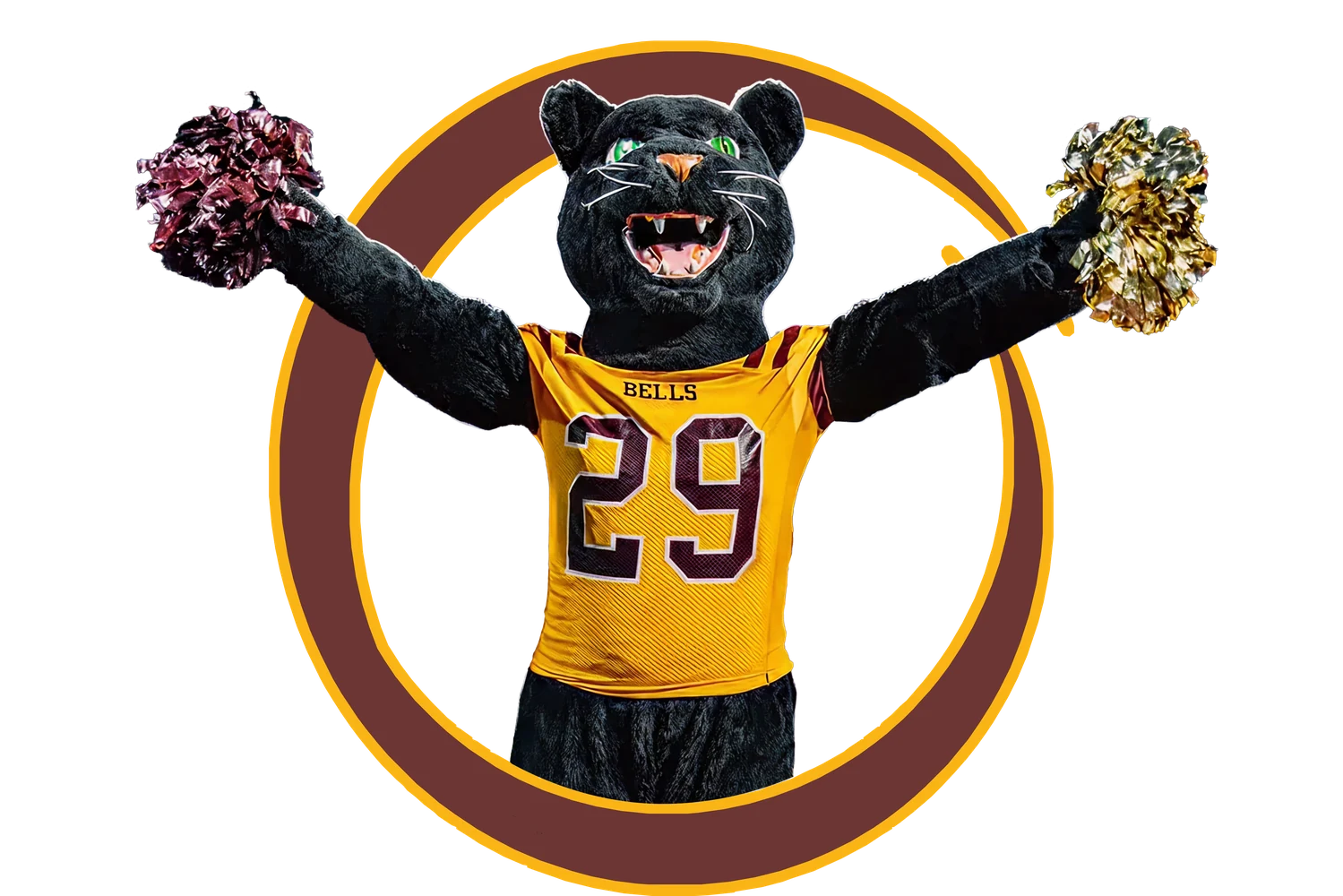 Bells ISD panther mascot holding maroon and gold pom-poms